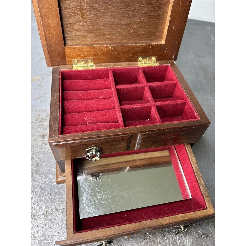 Vintage Wooden Himark 1 Drawer Small Jewelry Box Lined Compartments Mirror